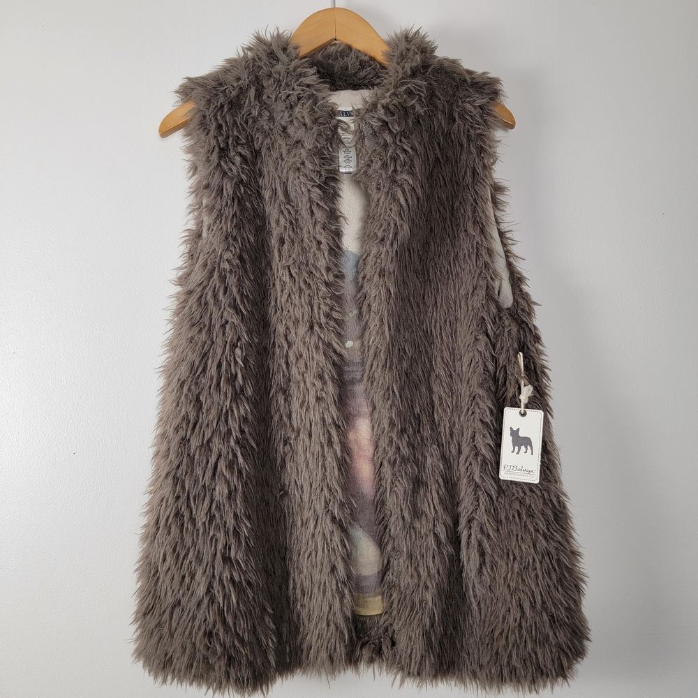 PJ Salvage Shaggy Faux Fur Vest Brown Medium Reversible Wild Horse